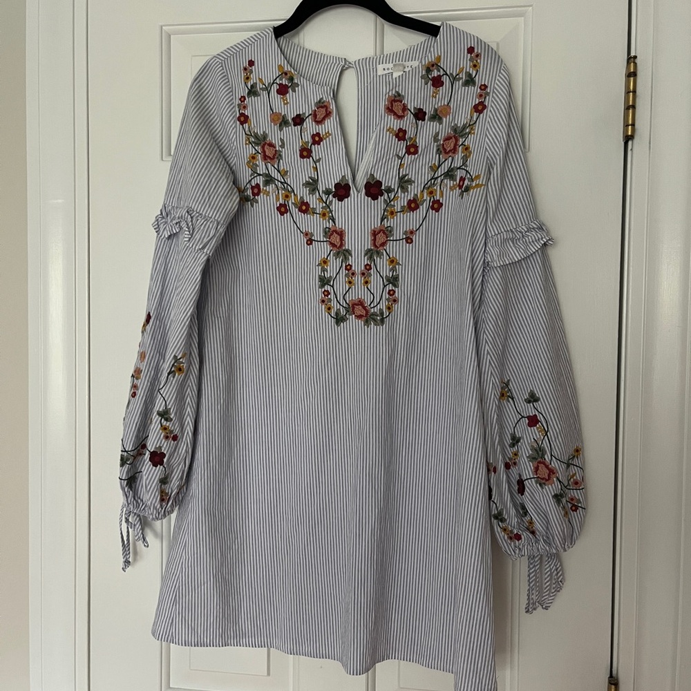 Socialite Blue Striped Dress with Floral Accents